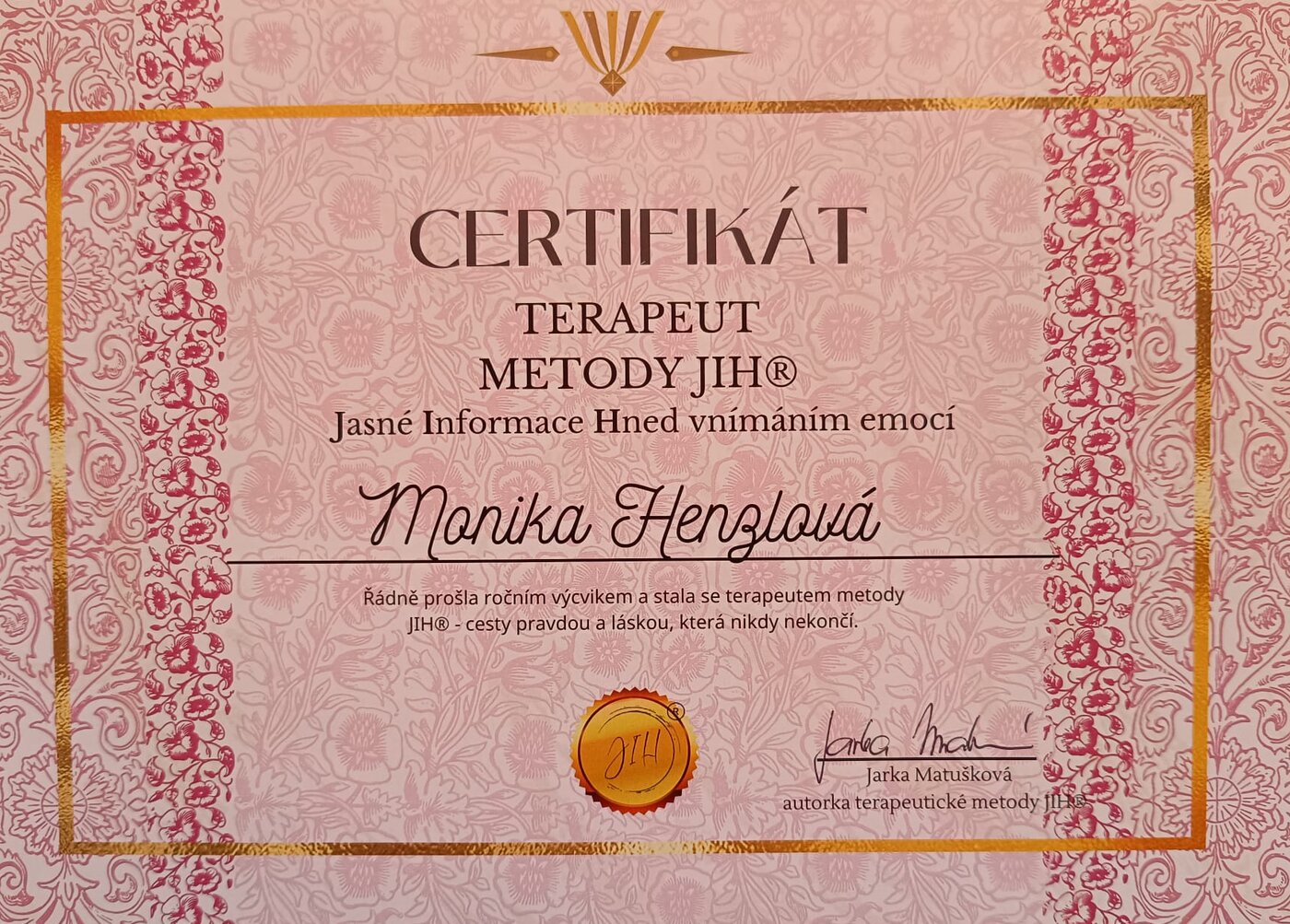 Certifikát metody JIH® — Monika Henzlová